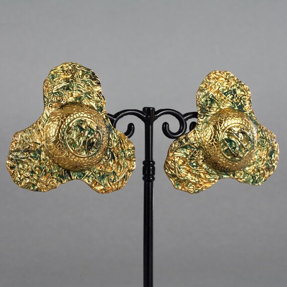 Vintage Massive French Flower Patina Effect Earri… - image 7