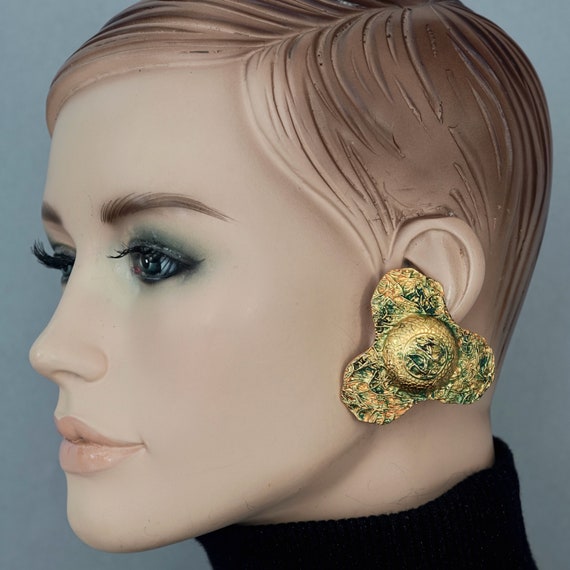 Vintage Massive French Flower Patina Effect Earri… - image 1