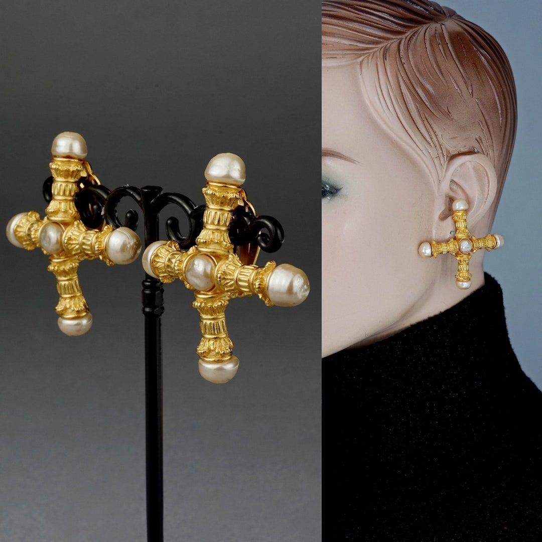 Vintage KARL LAGERFELD Roman Pillar Cross Pearl Earrings - Etsy