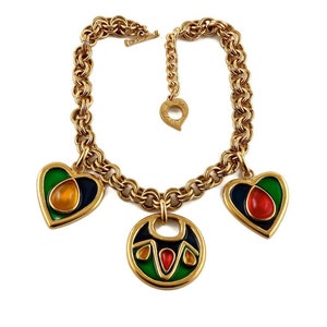 Vintage YSL Yves Saint Laurent by Robert Goossens Enamel Heart Round Charm Cabochon Necklace