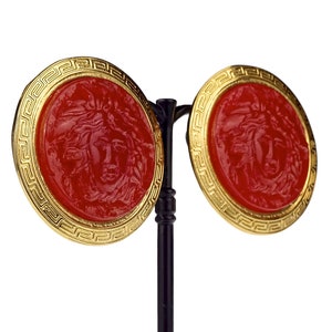 Vintage GIANNI VERSACE Red Medusa Greek Keys Medallion Disc Earrings image 3