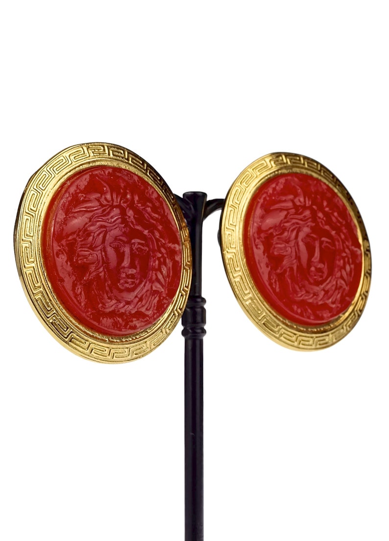 Vintage GIANNI VERSACE Red Medusa Greek Keys Medallion Disc Earrings image 3