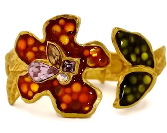 Vintage CHRISTIAN LACROIX Iridescent Flower Rhinestone Enamel Rigid Bracelet Cuff
