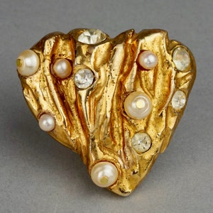 Vintage CHRISTIAN LACROIX Textured Heart Pearl Rhinestone Brooch