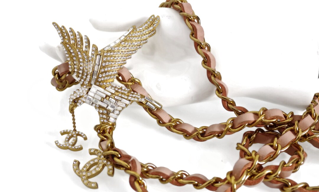 Vintage Chanel Jewelled Eagle Chain Leather Necklace Belt 