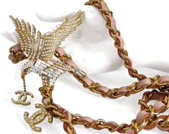 Vintage Chanel Jewelled Eagle Chain Leather Necklace Belt