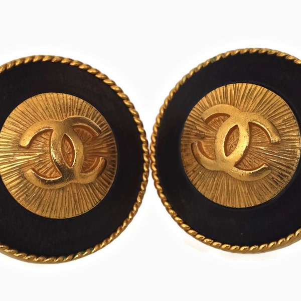 Reserved - Vintage CHANEL Logo Black Gold Earrings