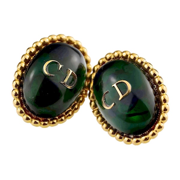 Vintage CHRISTIAN DIOR Logo Monogram Green Lucite Cabochon Earrings