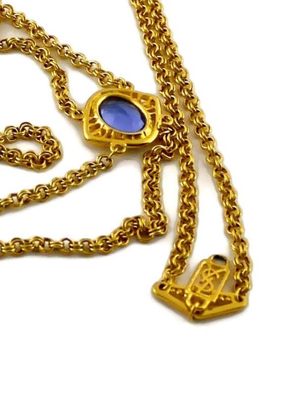 Yves Saint Laurent Necklace Gold GP Ysl Rhinestone Jewelry Stone Square Long Chain Ladies Plated