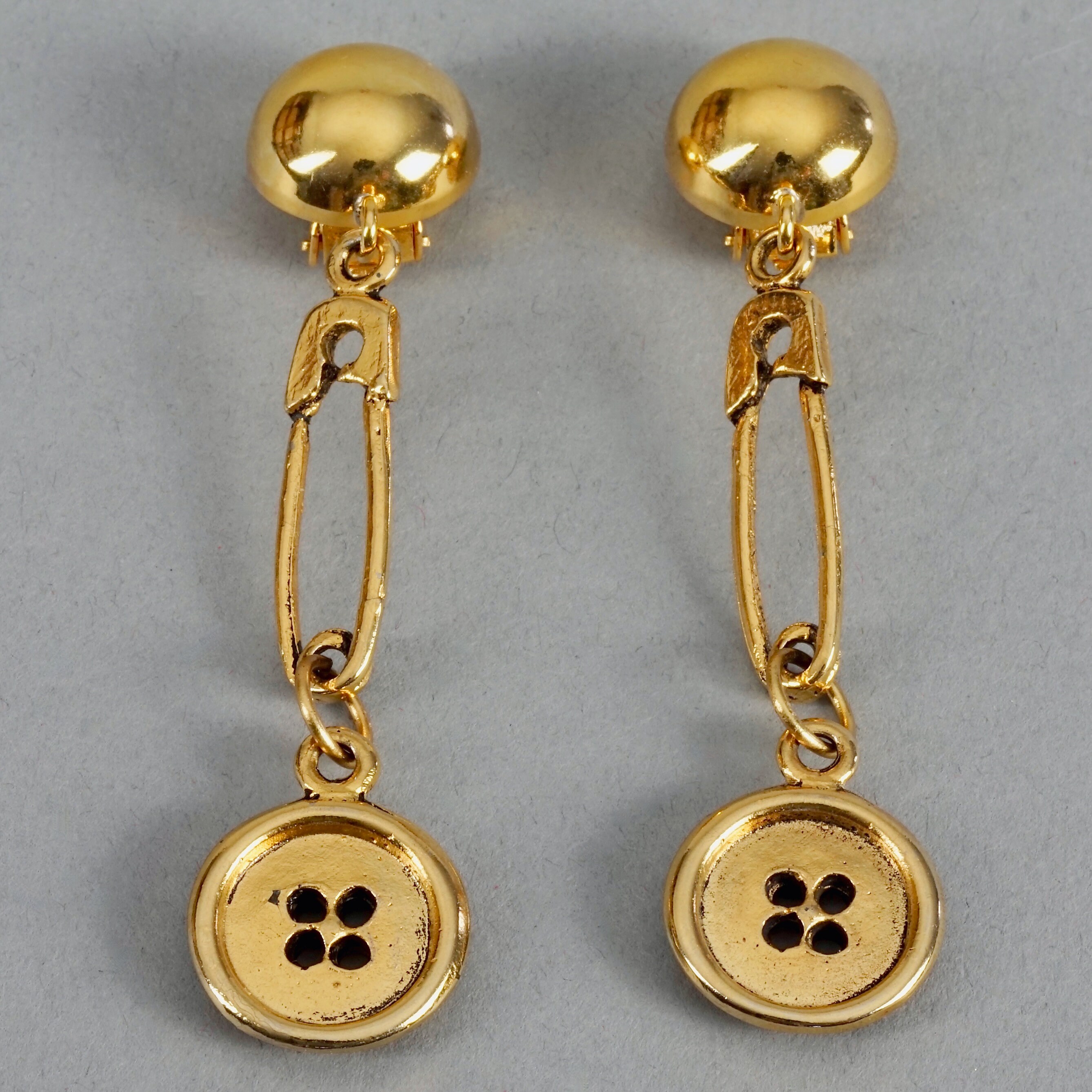 Vintage MOSCHINO Button Safety Pin Novelty Dangling Earrings