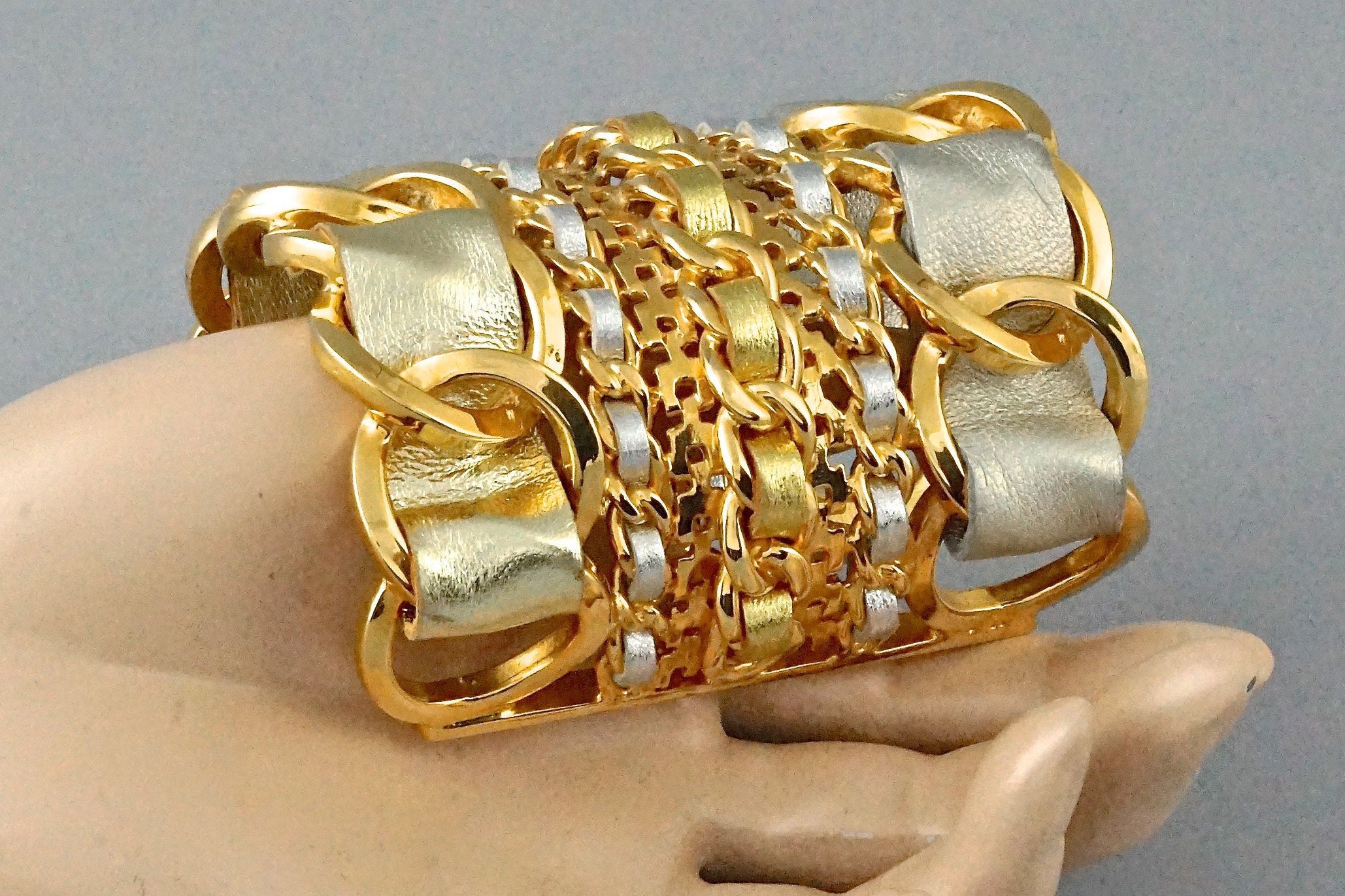 Vintage Massive CHANEL Gold Silver Leather Chain Cuff Vintage Massive CHANEL Gold Silver Leather Chain Cuff