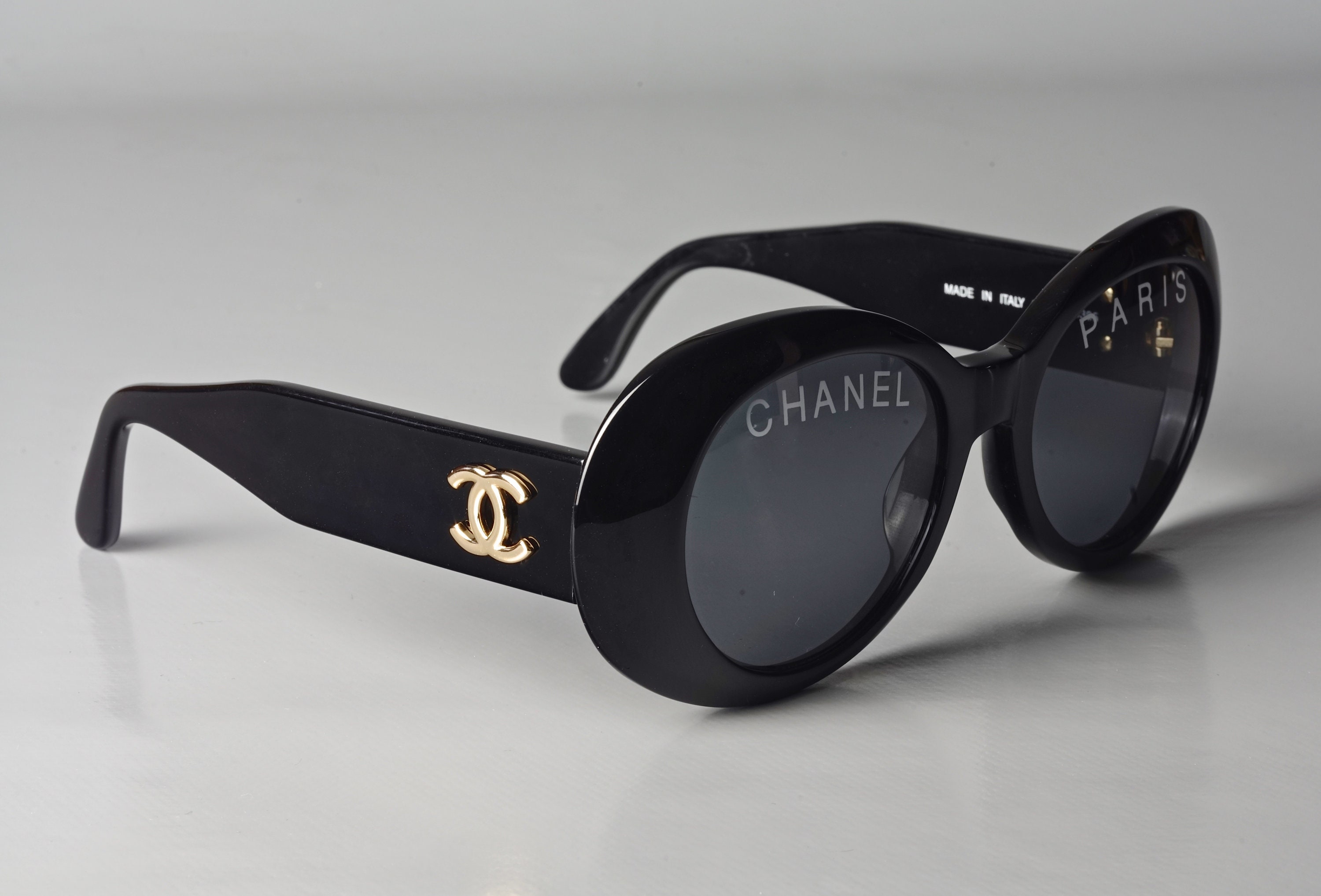 Vintage 1993 Iconic CHANEL PARIS Spelled Black Sunglasses 