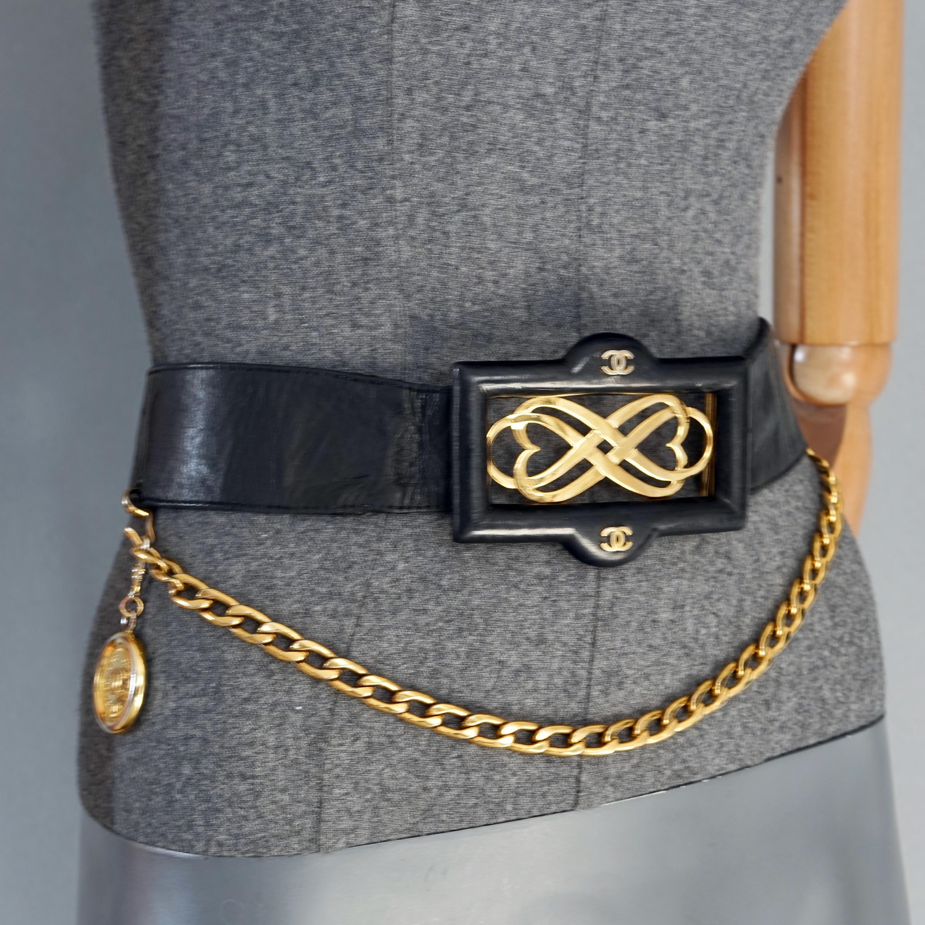 Vintage CHANEL Medallion Logo Chain and Black Leather Belt 