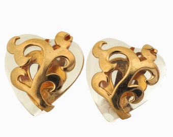 Vintage YVES SAINT LAURENT Lucite Heart Gold Overlay Earrings