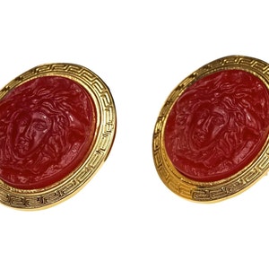 Vintage GIANNI VERSACE Red Medusa Greek Keys Medallion Disc Earrings image 4