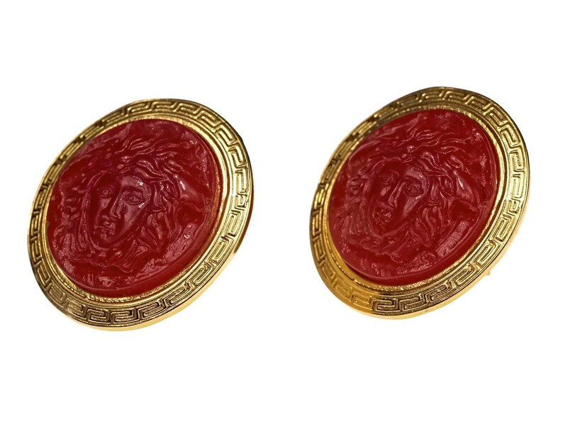 Vintage GIANNI VERSACE Red Medusa Greek Keys Medallion Disc Earrings image 4