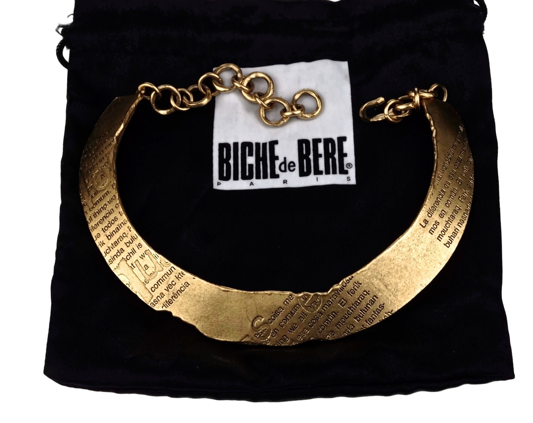 Collier Ras De Cou Vintage Signé BICHE DE BERE - Moderne, Doré En étain, Excellent état !