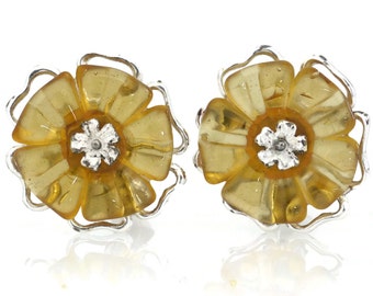 Vintage KENZO PARIS Murano Glass Flower Yellow Earrings