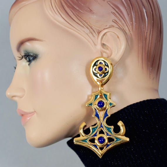 Vintage FREDERIC VOLLE PARIS Mughal Filigree Cabochon Enamel Drop Earrings