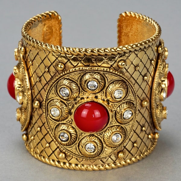 Vintage CHRISTIAN DIOR BOUTIQUE Quilted Cabochon Rhinestone Mogul Cuff Bracelet