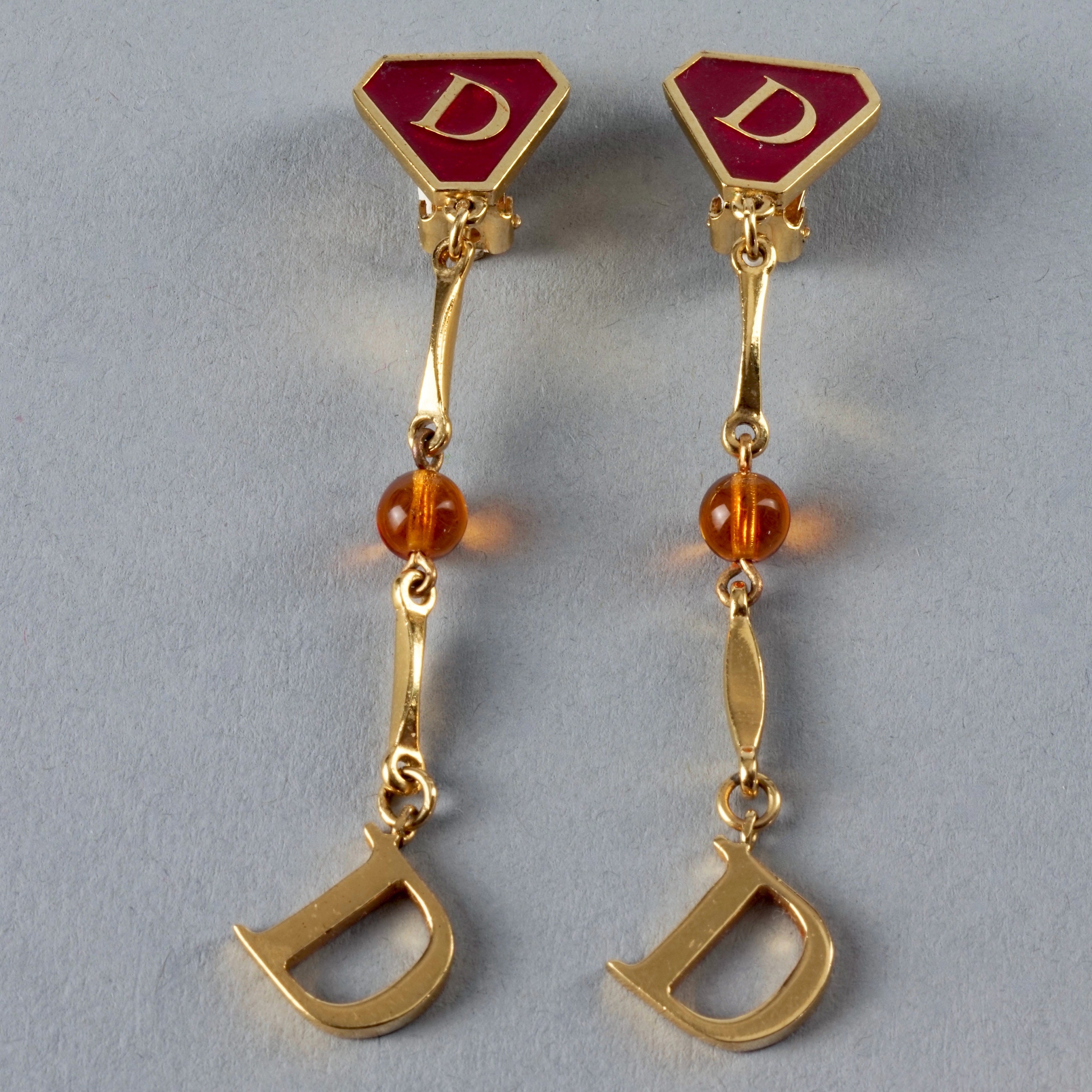 アクセサリー christian dior D logo earrings Vintage Vintage CHRISTIAN DIOR D Logo Enamel Charm Glass Bead Dangling