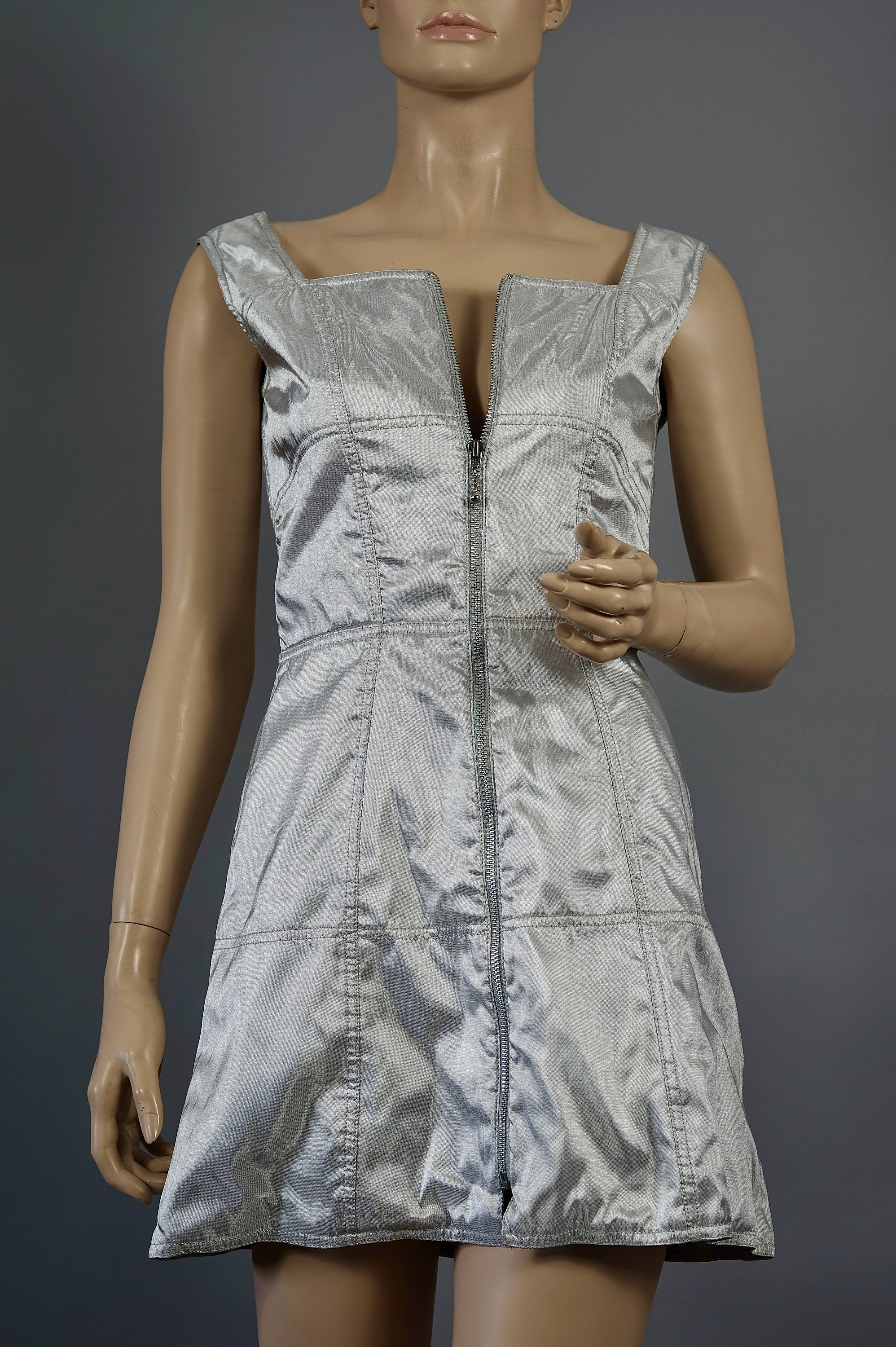 mugler silver dress Thierry Mugler Silver Illusion Bodycon Mini Dress Size FR 38 (UK 10) Sellier