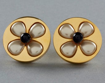 Vintage Massive CHANEL Pearl Gripoix Flower  Disc Earrings
