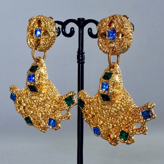 Vintage FREDERIC VOLLE PARIS Jewelled Opulent Mogul Dangling Earrings View 3