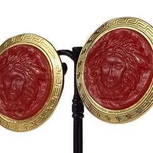 Vintage GIANNI VERSACE Red Medusa Greek Keys Medallion Disc Earrings image 1