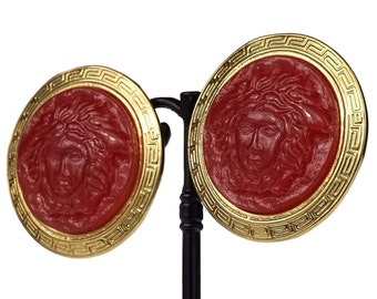 Vintage GIANNI VERSACE Red Medusa Greek Keys Medallion Disc Earrings
