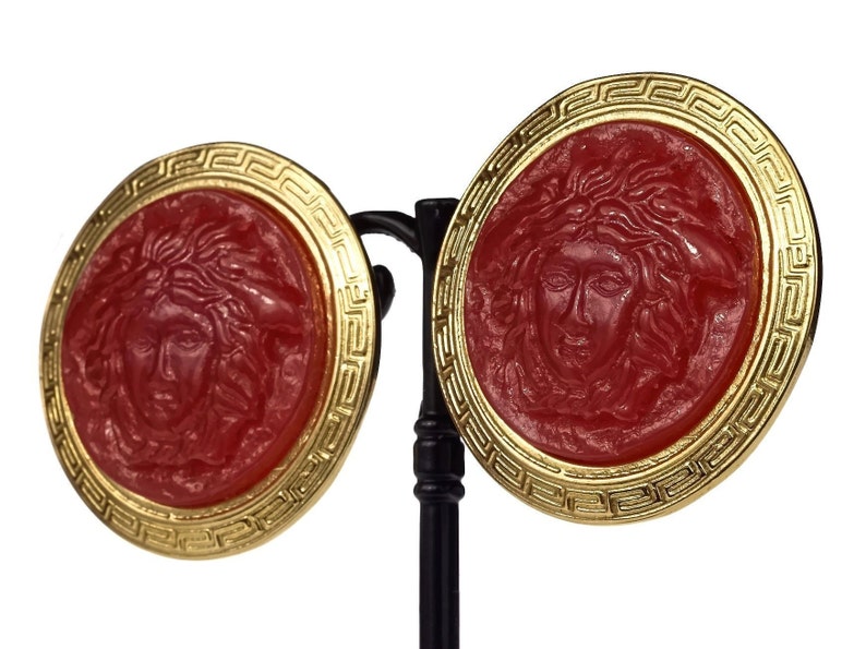 Vintage GIANNI VERSACE Red Medusa Greek Keys Medallion Disc Earrings image 1