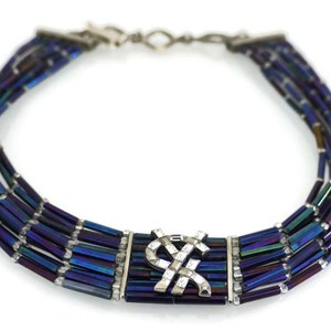 Vintage YVES SAINT LAURENT Logo Rhinestone Glass Bead Choker Necklace