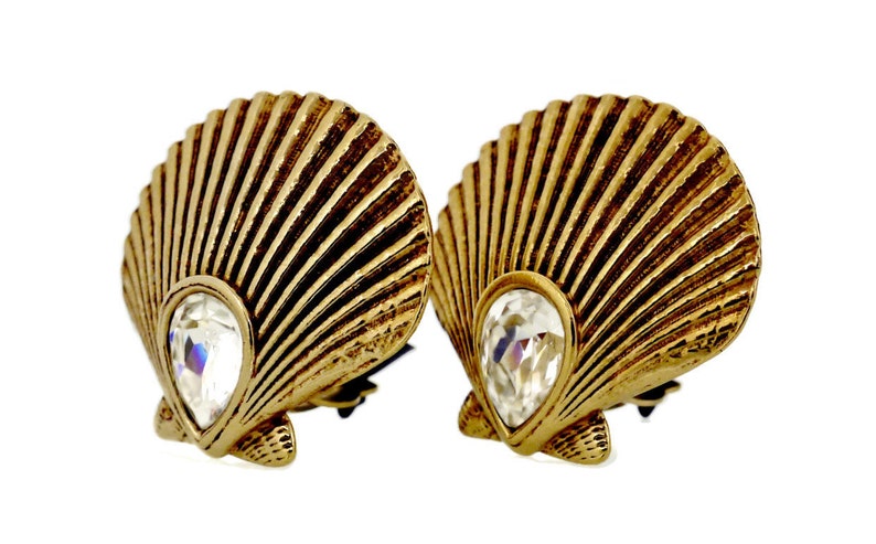 Vintage Yves Saint Laurent Clam Shell Rhinestone Earrings | Etsy