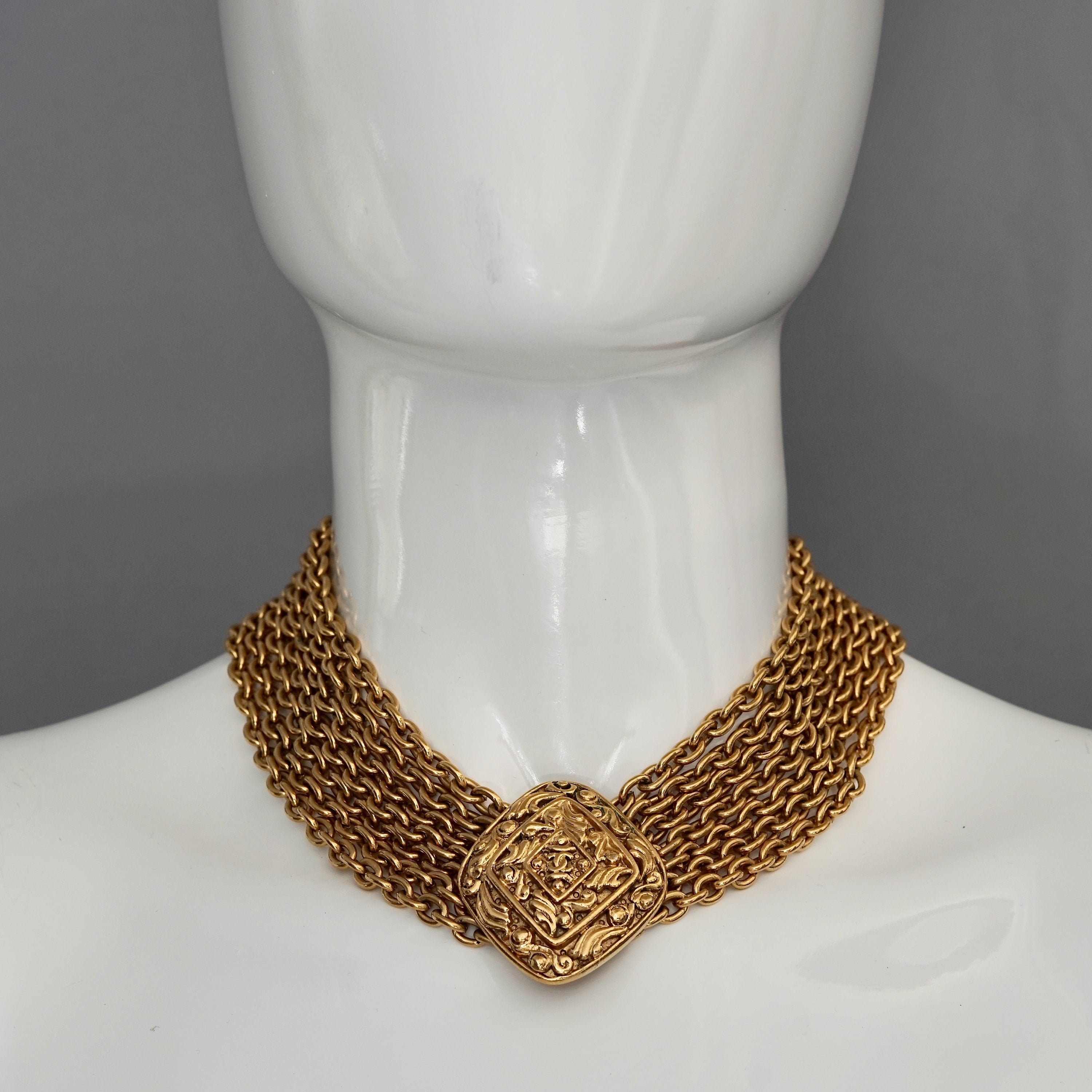 Vintage CHANEL Golden Triple Chain Long Necklace With Classic 