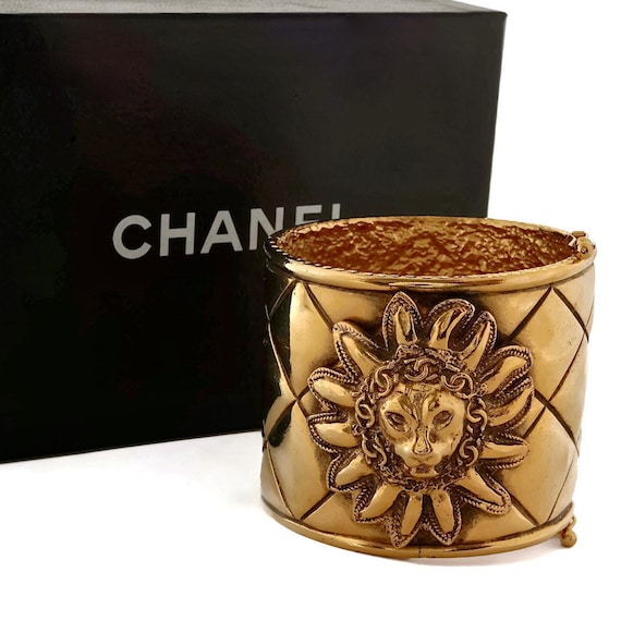 Vintage CHANEL Iconic Lion Head Logo Quilted Bracelet Cuff 