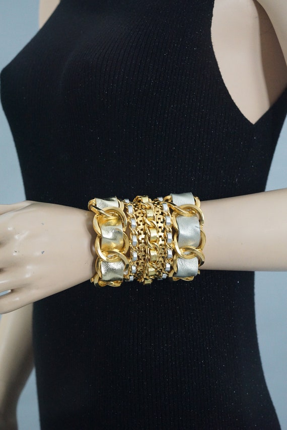 Vintage Massive CHANEL Gold Silver Leather Chain Cuff Vintage Massive CHANEL Gold Silver Leather Chain Cuff
