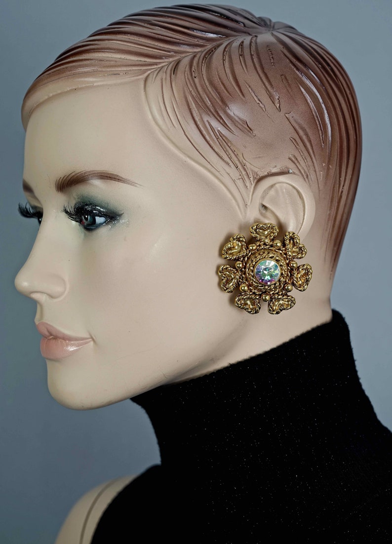 Vintage Massive CLAIRE DEVE Flower Rhinestone Earrings image 7