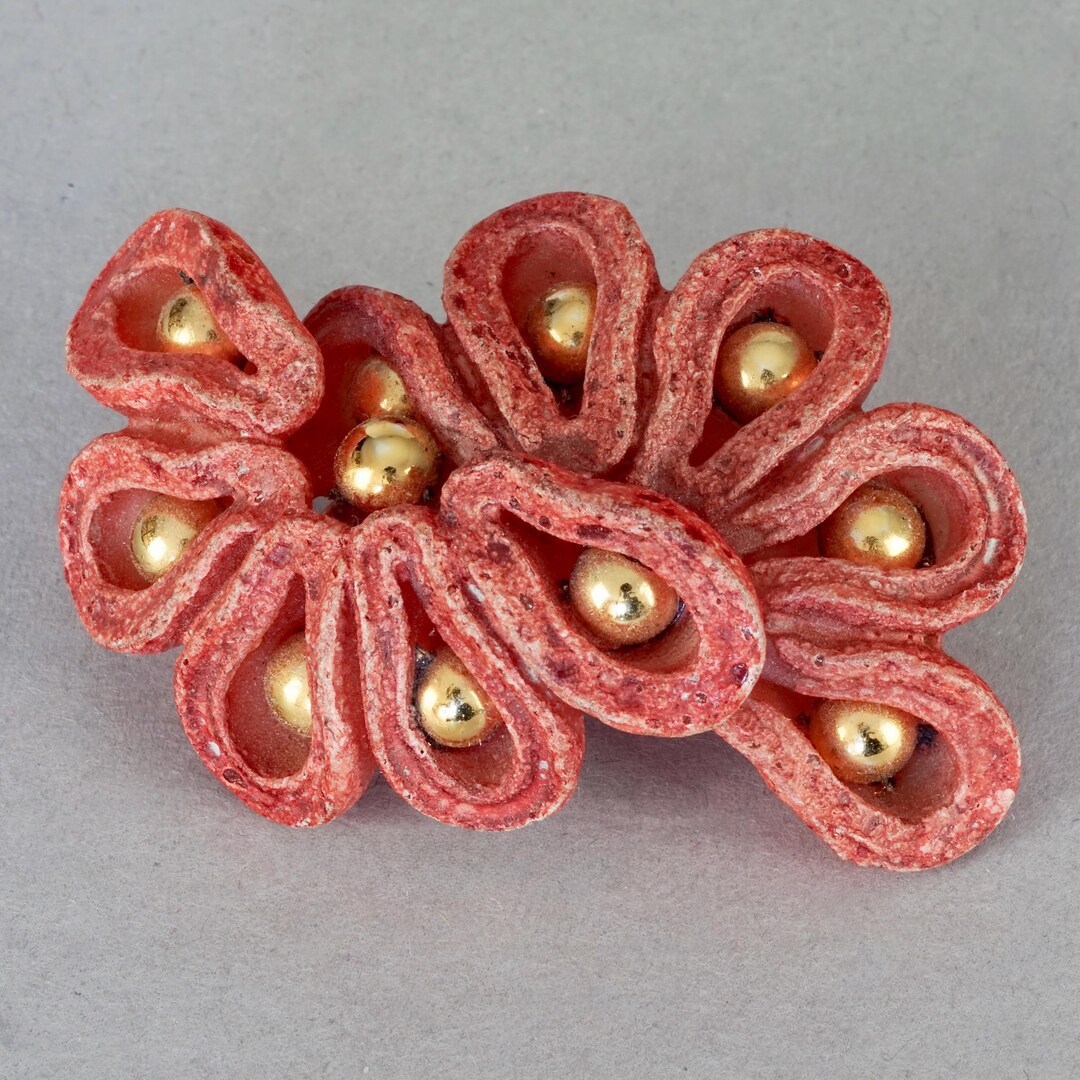 Broche Vintage En Résine Monique Védié - Épingle Feuilles Végétales Haute Couture