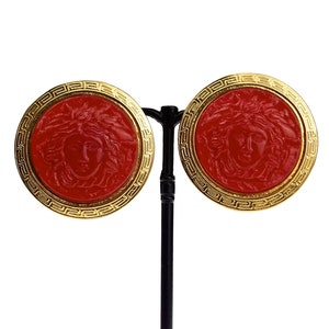 Vintage GIANNI VERSACE Red Medusa Greek Keys Medallion Disc Earrings image 2