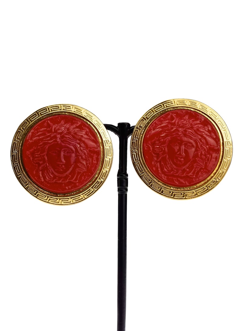 Vintage GIANNI VERSACE Red Medusa Greek Keys Medallion Disc Earrings image 2