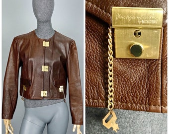 Vintage 1989 MOSCHINO CHEAP and CHIC Lock Key Brown Leather Cropped Jacket