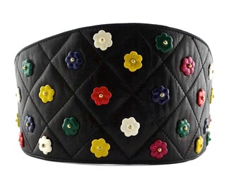 Vintage CHANEL Quilted Colourful Camellia Leather Corset Belt