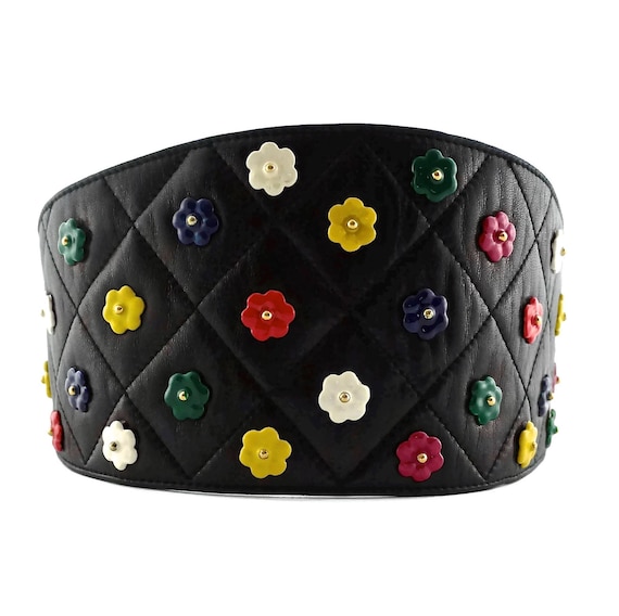 Vintage CHANEL Quilted Colourful Camellia Leather Corset Belt 