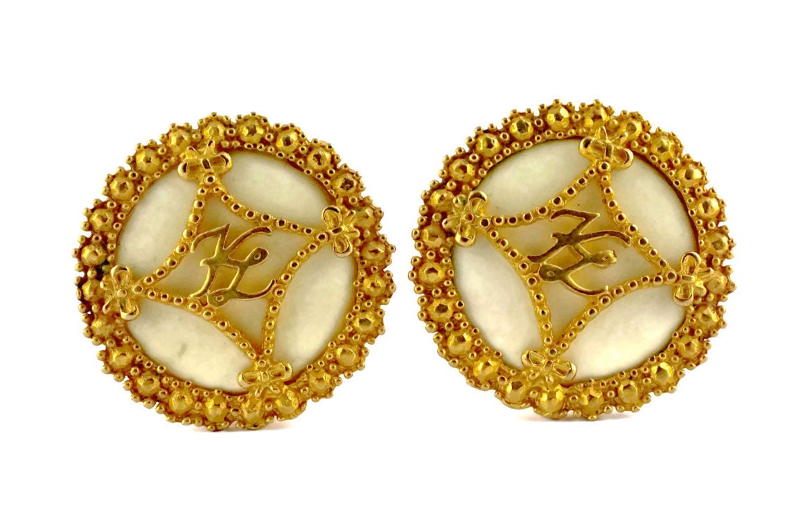 Vintage KARL LAGERFELD Logo Ribbon Ceramic Earrings 