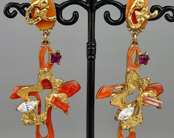 vintage CHRISTIAN LACROIX Logo Bijoux Orange Émail Croix Boucles d’oreilles pendantes