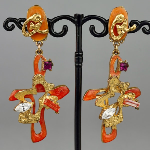 Vintage CHRISTIAN LACROIX Logo Jewelled Orange Enamel Cross Dangling Earrings