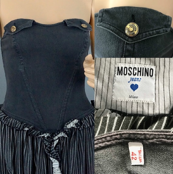 Vintage MOSCHINO Denim Bustier Stripe Ruffled Frill Ruche Vintage MOSCHINO Denim Bustier Stripe Ruffled Frill Ruche