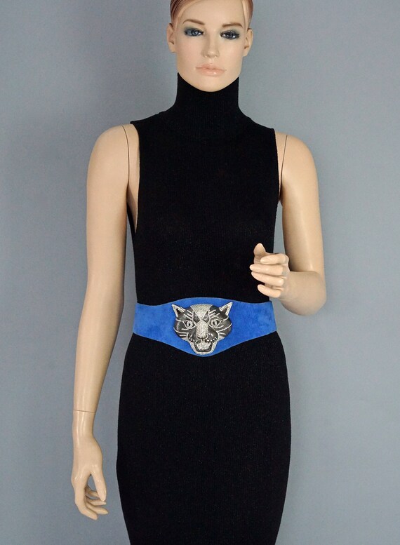 Vintage HENRYKS BIJOUX VIENNE Jewelled Leopard Head Blue