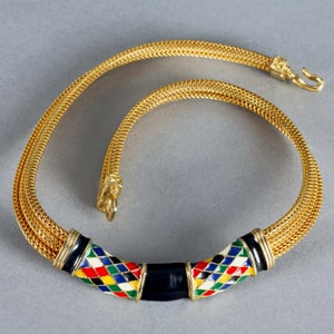 Vintage BALENCIAGA Colourful Harlequin Pattern Enamel Mesh Choker Necklace