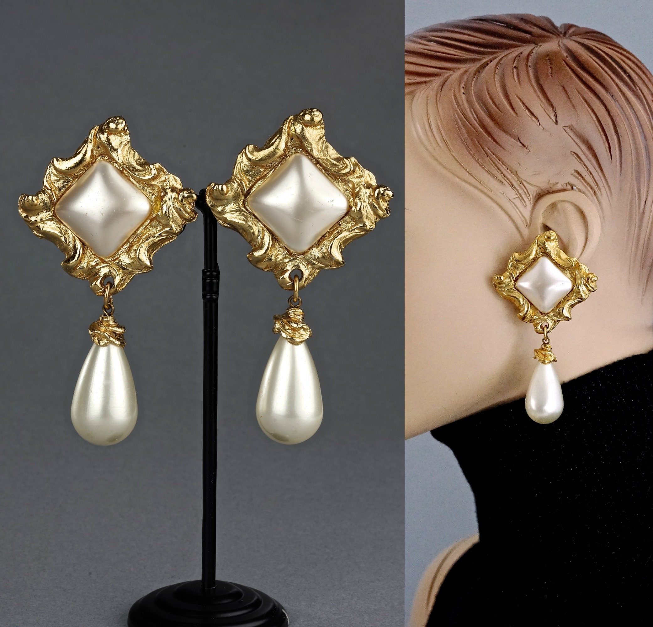 Damen Kronleuchter Ohrringe Kreuz Strass Barock Vintage Kunstperle Lang Damen Kronleuchter Ohrringe Kreuz Strass Barock Vintage Kunstperle Lang